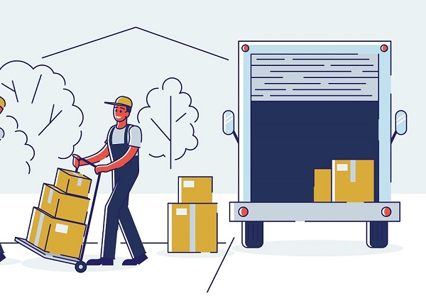 Relocation, Professional Delivery Company Loader Service and Moving to New House Concept. Workers Carry Cardboard Boxes and Furniture Using Trolley and Truck Cartoon Flat Vector Illustration, Line Art